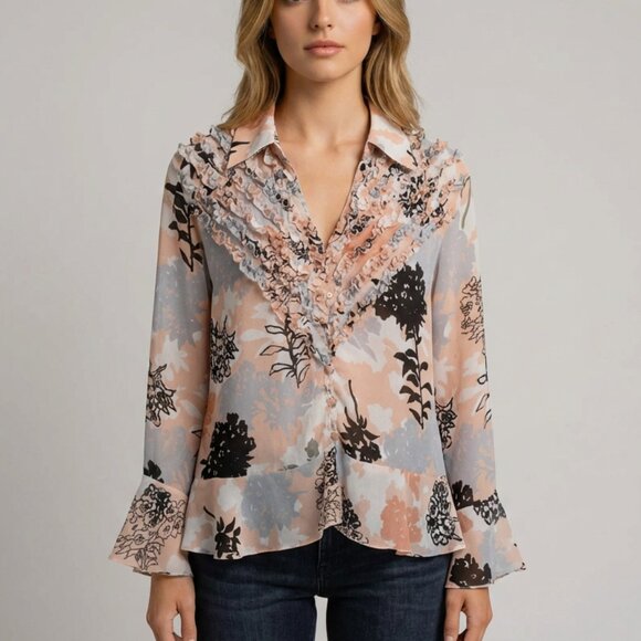 Sunny Leigh Tops - Floral Ruffle Blouse - Black, Gray, Pink